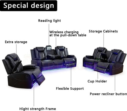 Black 3Piece Power Recliner Sofa Set With LED Light