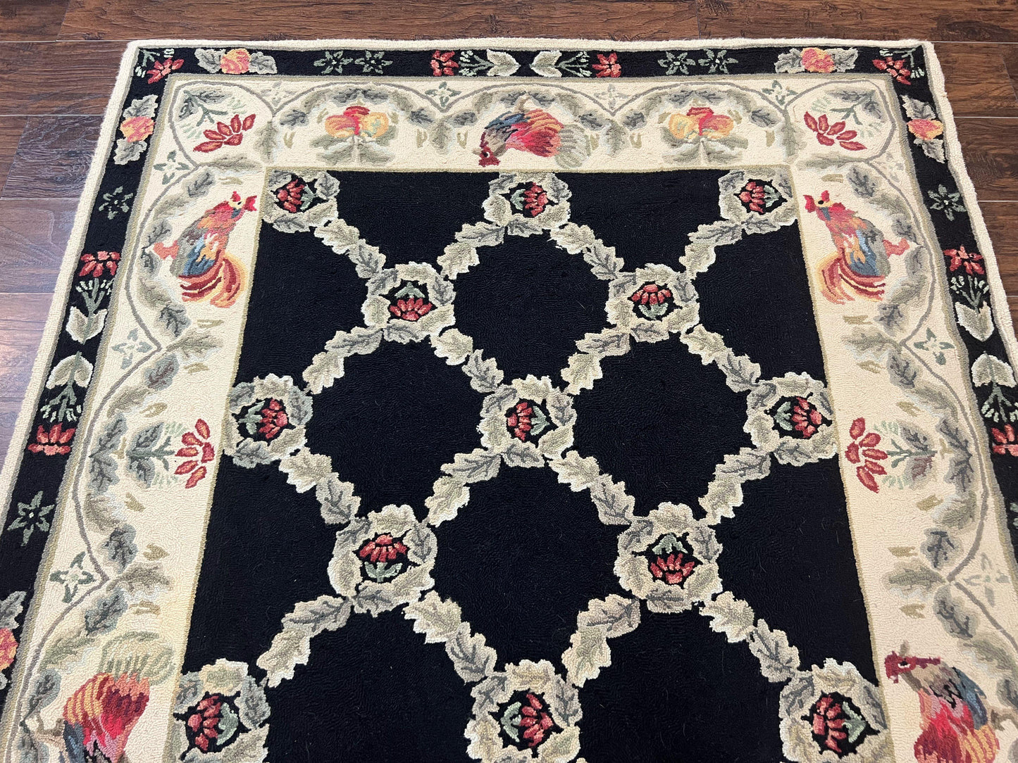 Hooked Rug 5x8, European Aubusson Pattern, Black and Ivory, Roses & Roosters, Vintage Wool Rug