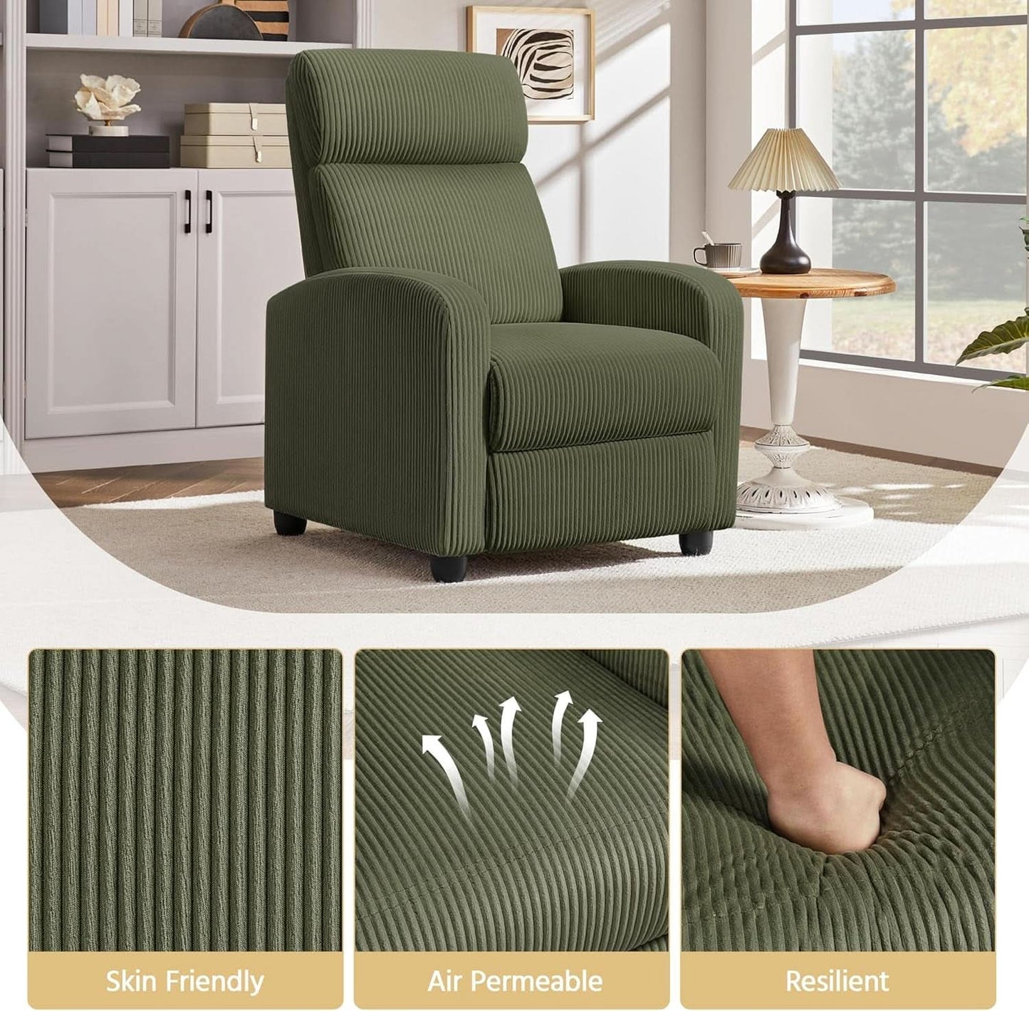 Dark Green Corduroy Adjustable Recliner Chair For Living Room