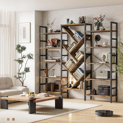 Rustic Brown 5 Tier Wooden Bookcase With Metal Frame