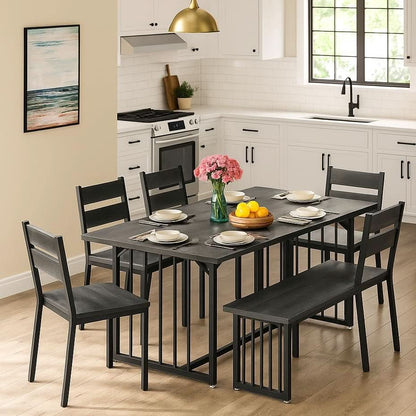 63 Inch Dark Grey Rectangular Dining Table Set Farmhouse