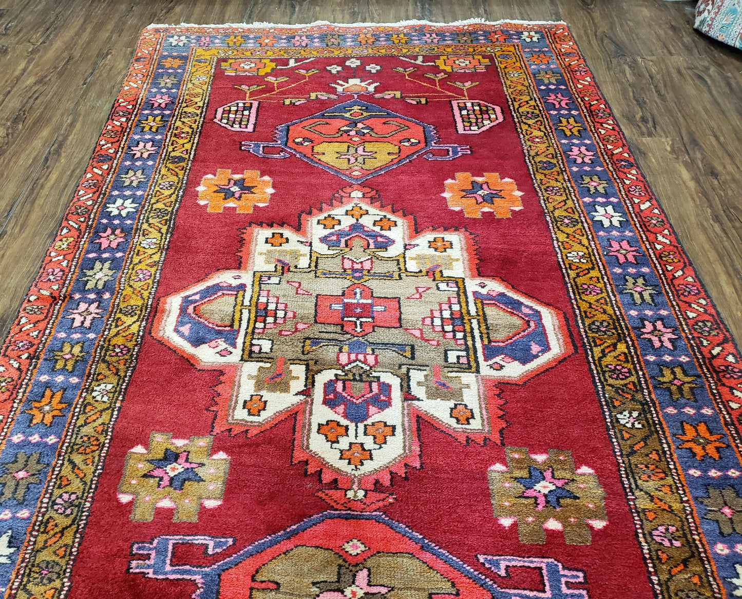 Antique Persian Karajeh Runner Rug 4.4 x 11 ft, Red Colorful Geometric Medallion Runner