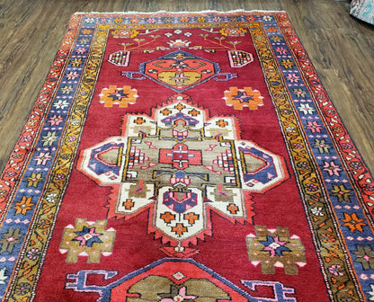 Antique Persian Karajeh Runner Rug 4.4 x 11 ft, Red Colorful Geometric Medallion Runner