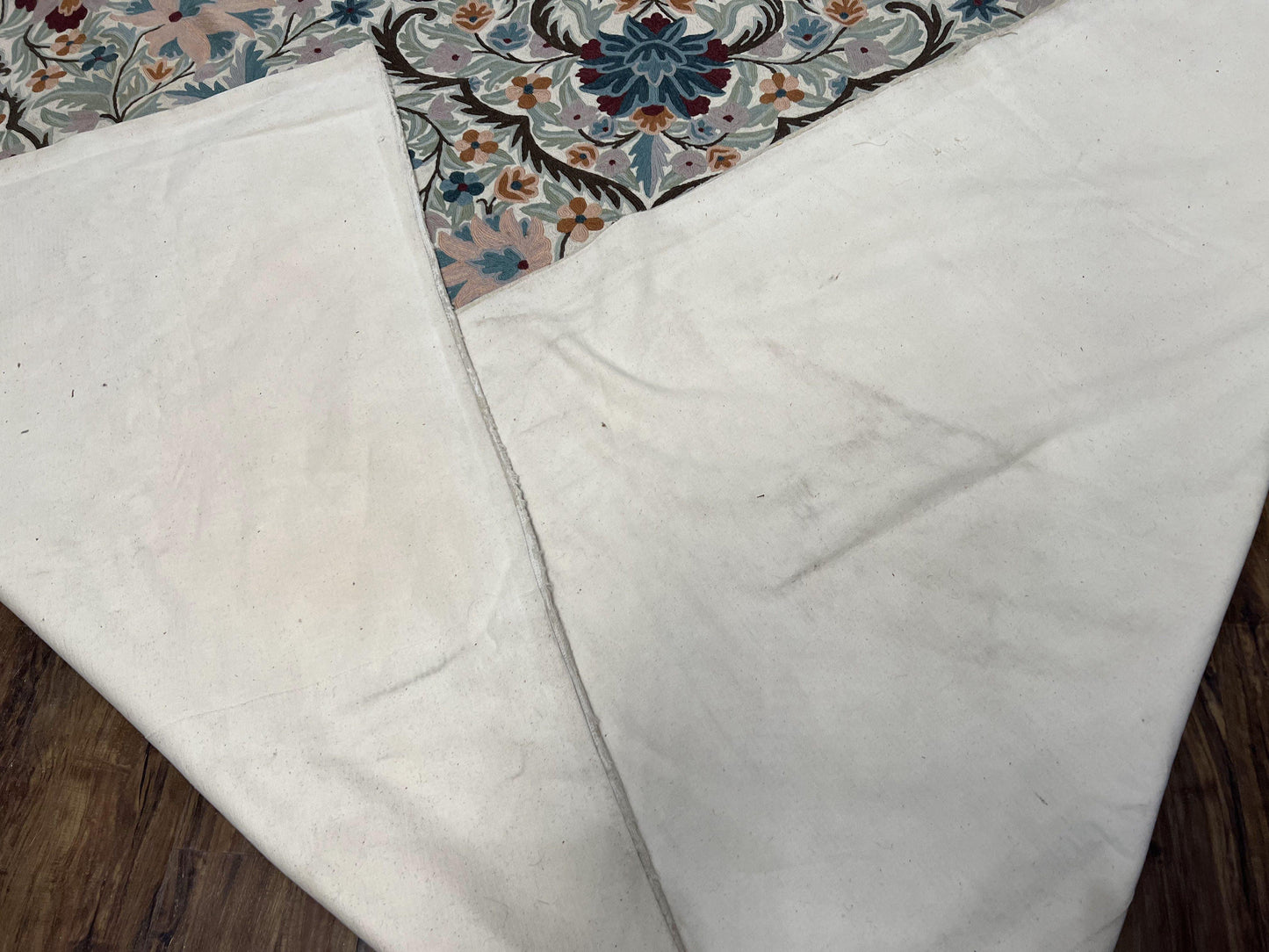 Chain Stitched Rug 9x12 Vintage Carpet 9 x 12 Flatweave Rug, Ivory Teal Rug, Area Rug 9 by 12, Hand Stitched Rug, Medallion, Indian Rug