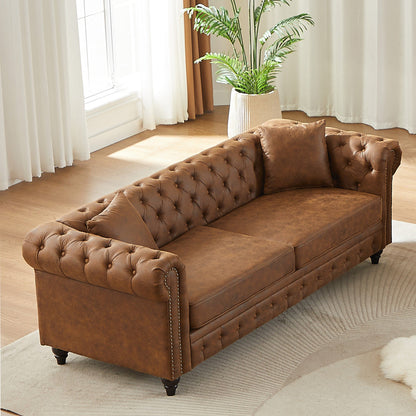 85.5" Chesterfield Sofa 3-Seater | Tech Fabric with Button Tufting, Rolled Arms & Wood Legs — Brown / Black