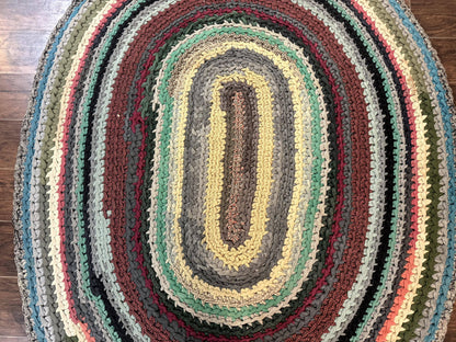 Antique American Braided Rug 5x7, Oval Multicolor Handmade Wool Braided Carpet