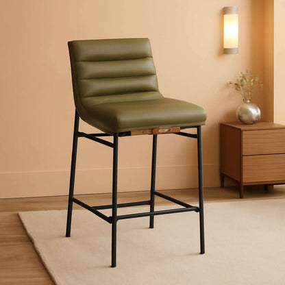 Olive Green Vegan Leather Counter Stool With Black Frame
