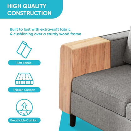 6 Seater Linen Fabric Sectional Sofa With Movable Storage Ottoman Light Grey
