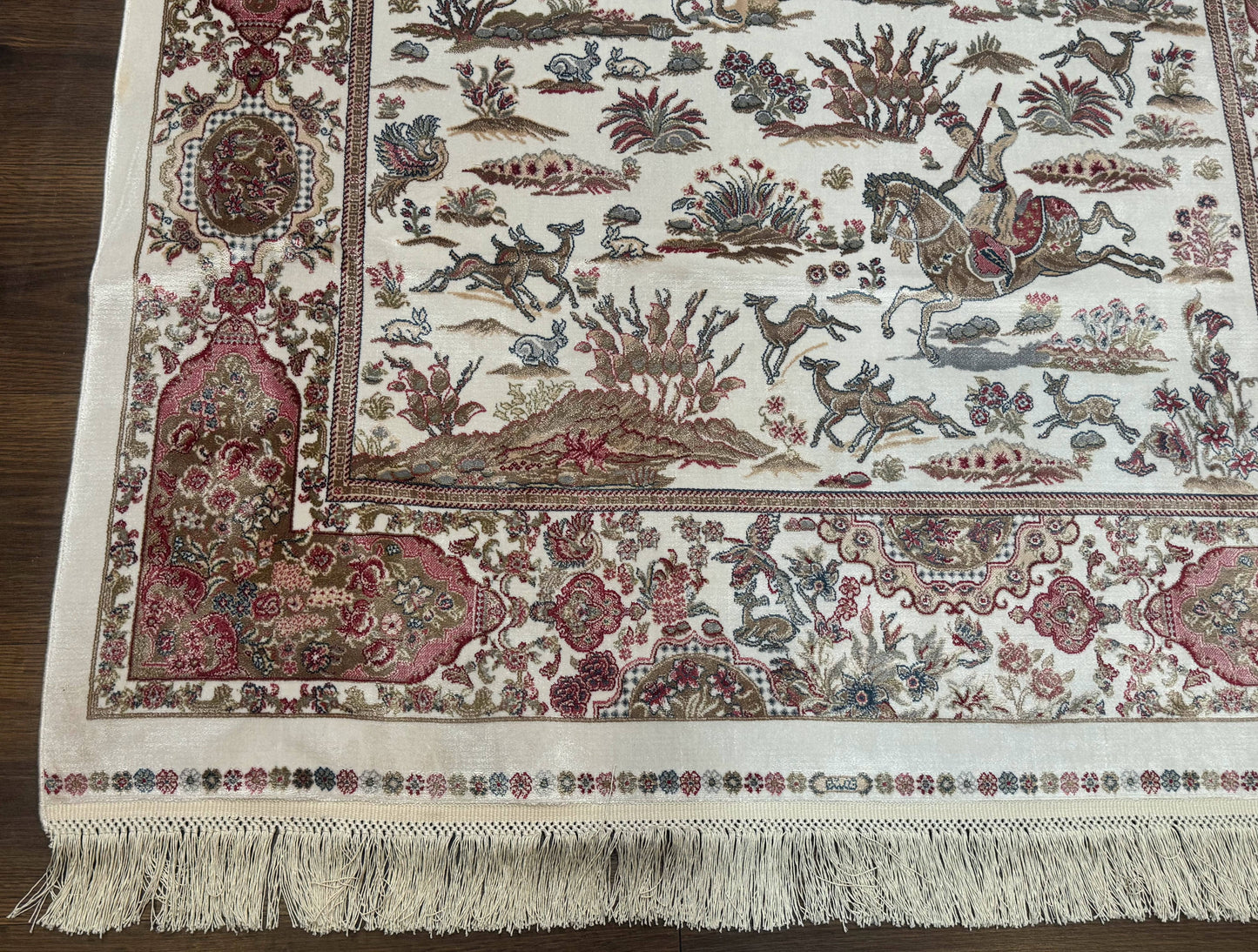 Turkish Silk Hunting Scene Rug 4x6, Ivory, Bamboo Silk, New