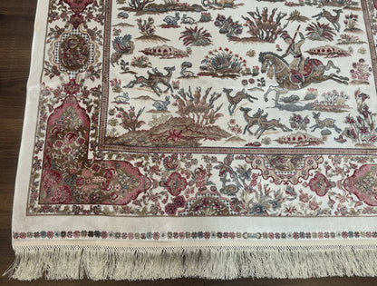 Turkish Silk Hunting Scene Rug 4x6, Ivory, Bamboo Silk, New