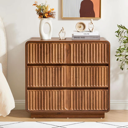 Walnut Fluted Three Drawer Dresser 31 Inch Wide Storage