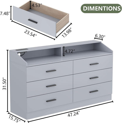Grey Six Drawer Dresser With Power Outlet And USB Ports