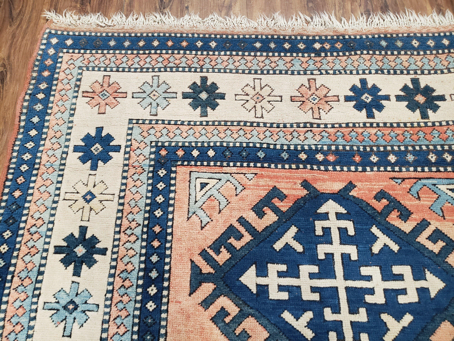 Turkish Kazak Rug 5x8 ft, Bold Geometric Bohemian Carpet, Blue and Ivory Hand Knotted Area Rug, Medium Sized High Quality Wool Oriental Rug