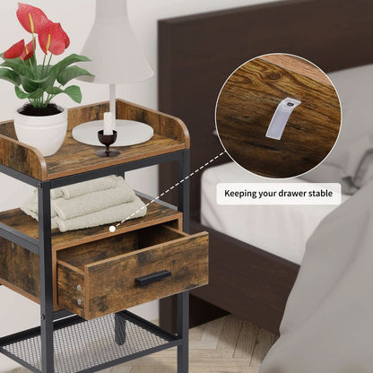 Industrial Three Tier Nightstand Set With Wood Grain Finish