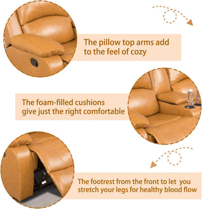 Manual Recliner Sofa Set Ginger Leather With Cup Holder