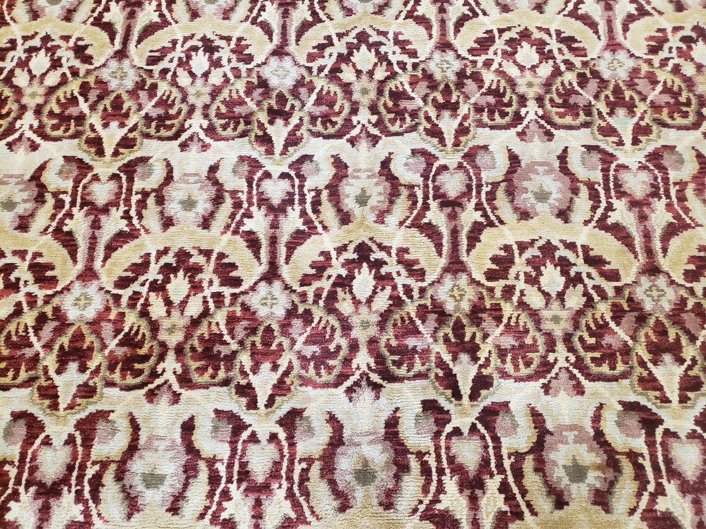 Contemporary Indian Nepalese Room Sized Rug 9 x 11.6, Wool Hand-Knotted Dark Red & Beige Soft Carpet, 9 x 12 Masterloom Living Room Rug