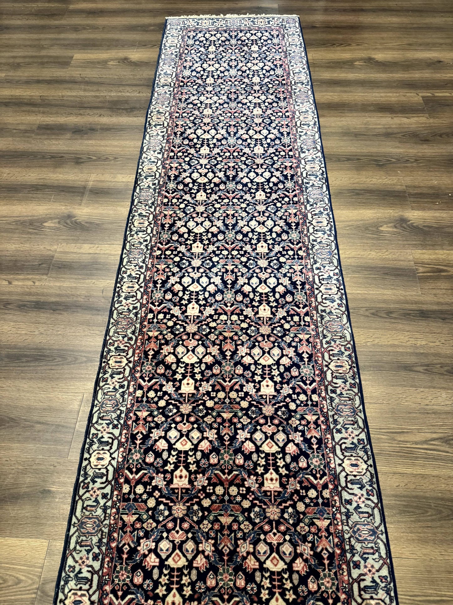 Indo Persian Runner Rug 2.8 x 12, Navy Blue, Floral, Fine 270 KPSI
