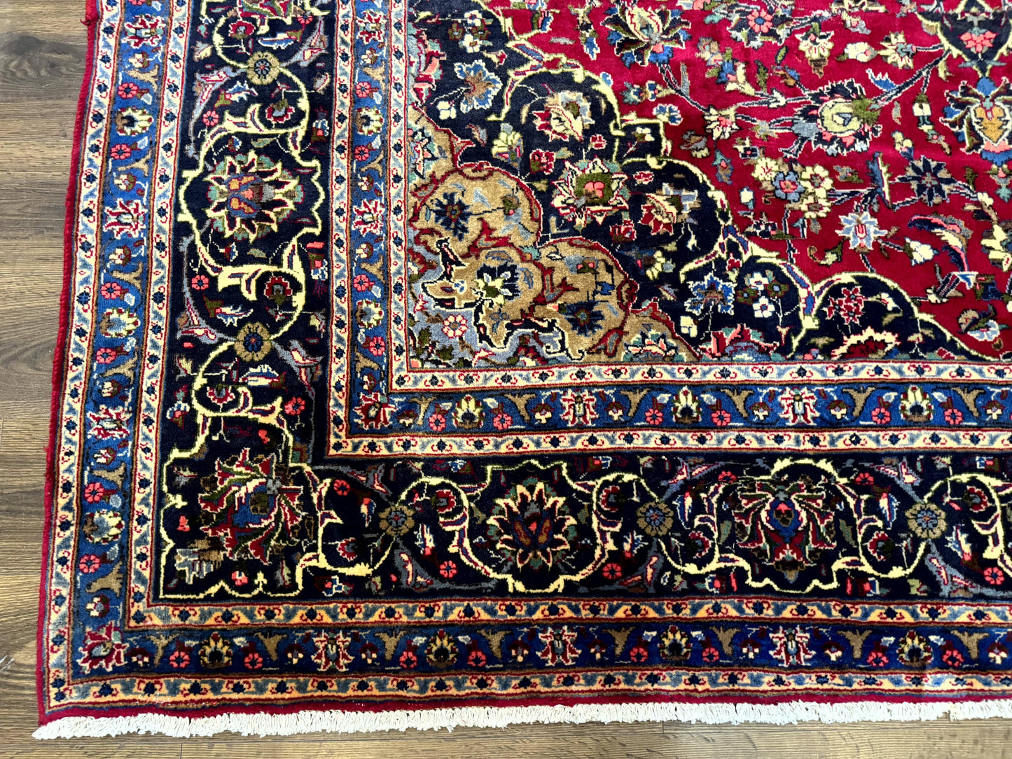 Traditional Persian Rug 8x11, Red Navy Blue, Floral Medallion, Antique Persian Mashad Carpet, Wool