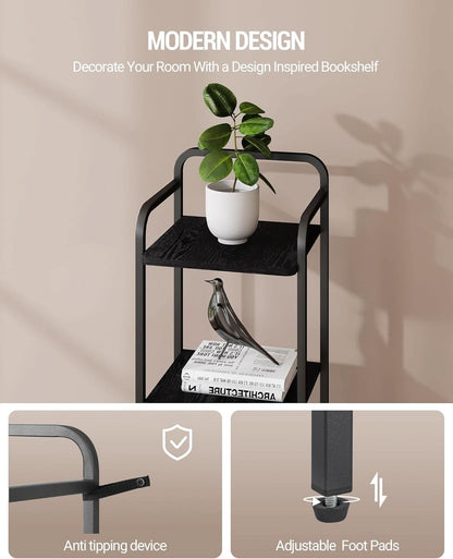 Black 5 Tier Narrow Bookcase Corner Shelf Organizer Industrial Design