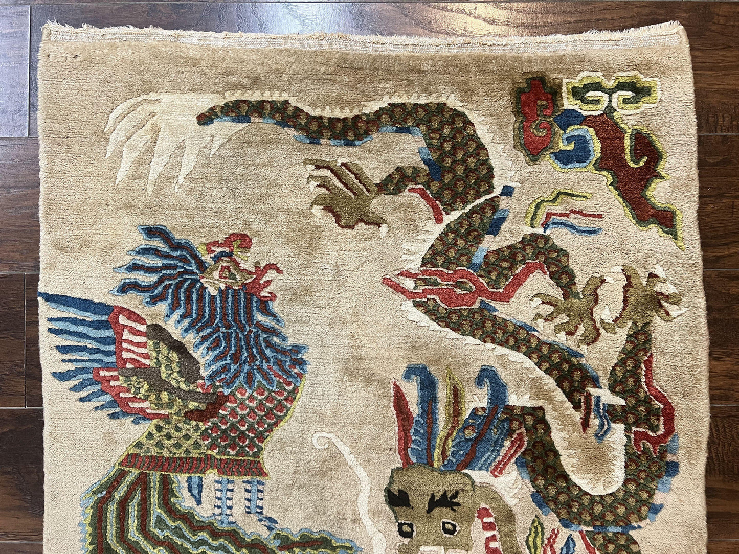 Antique Chinese Peking Rug 3 x 5.6, Dragon Motifs, Handmade Wool Asian Oriental Carpet