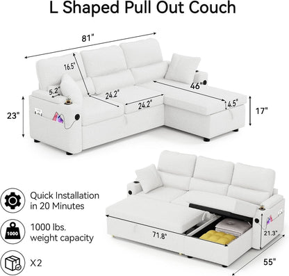 Pull Out Convertible Sofa Bed With Hidden Storage Teddy White