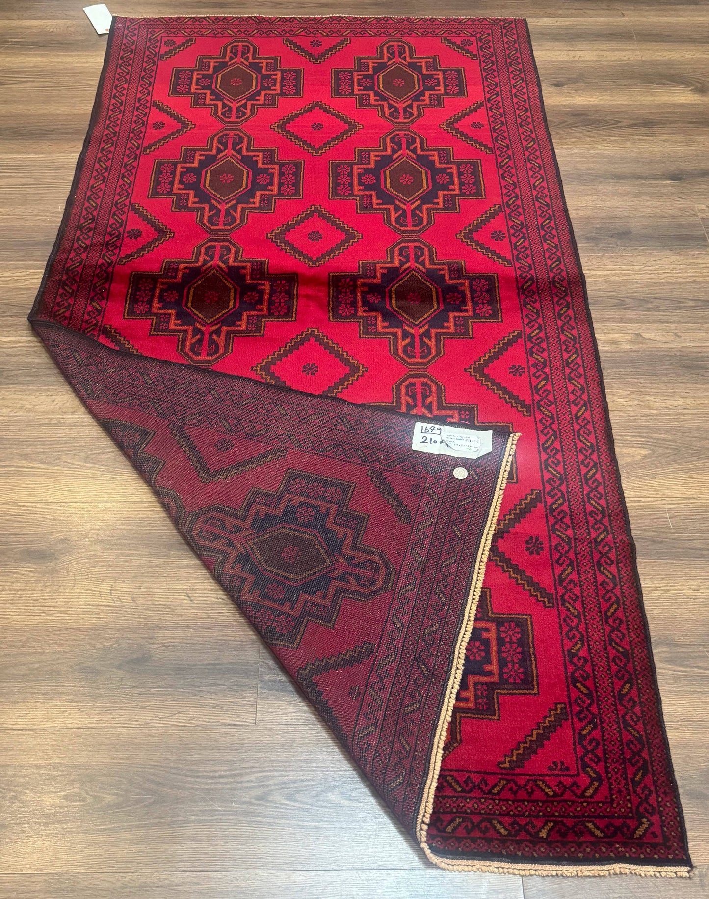 Afghan Rug 4x7, Tribal Carpet, Balouch Rug, Red and Navy Blue, Repeated Medallions, New