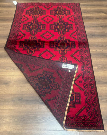 Afghan Rug 4x7, Tribal Carpet, Balouch Rug, Red and Navy Blue, Repeated Medallions, New