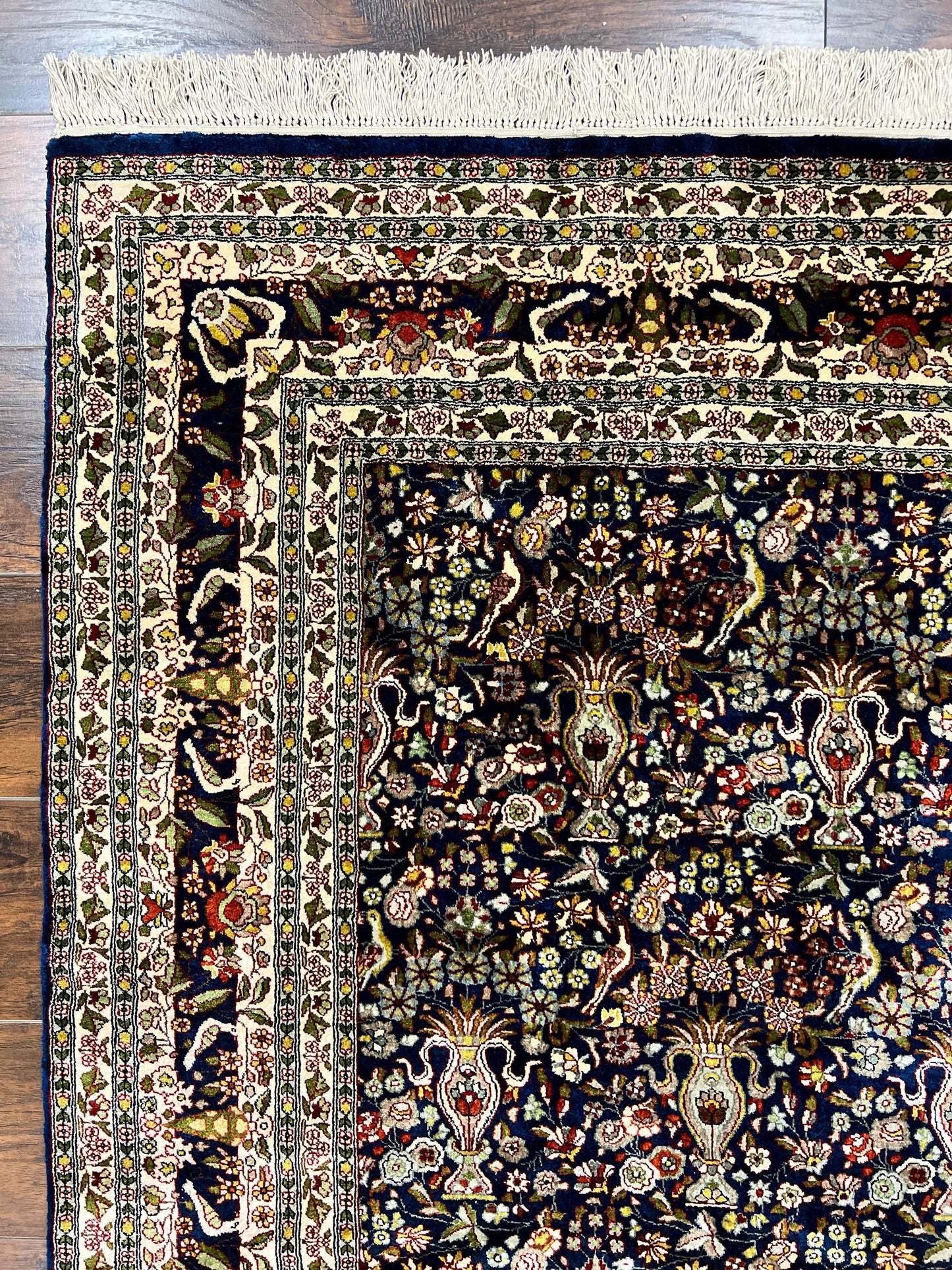 Silk Indian Kashmiri Rug 5x7, Navy Blue Indo Persian Silk Carpet 5 x 7 ft, Hand Knotted Handmade Very Fine Oriental Carpet, 450 KPSI, Birds