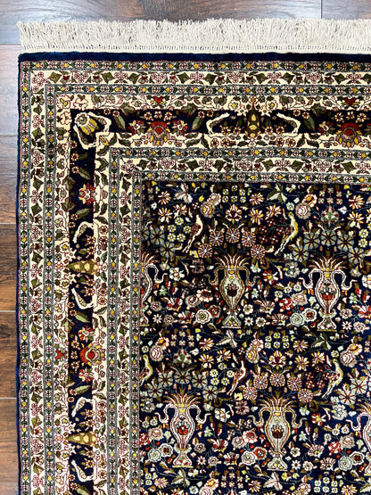 Silk Indian Kashmiri Rug 5x7, Navy Blue Indo Persian Silk Carpet 5 x 7 ft, Hand Knotted Handmade Very Fine Oriental Carpet, 450 KPSI, Birds