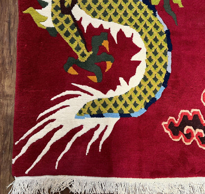 Vintage Chinese Dragon Rug 3 x 6.8, Handmade Hand Knotted Red Chinese Carpet with Gold Dragon, Art Deco Peking Soft Chinese Rug Runner