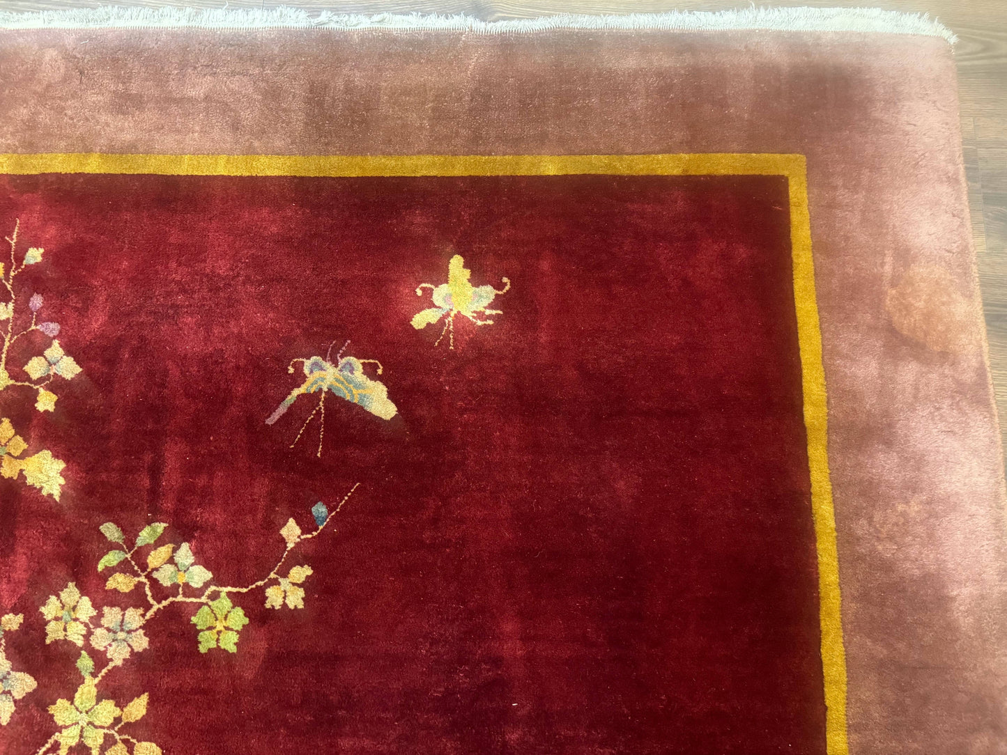 Red Chinese Art Deco Rug 9x11, Simple Design, Wool Chinese Area Rug, Antique