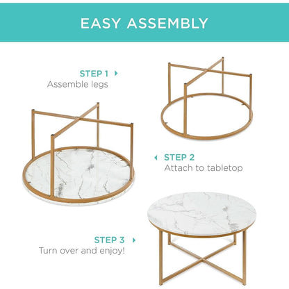 Round Coffee Table With Faux Marble Top Cross Leg Design
