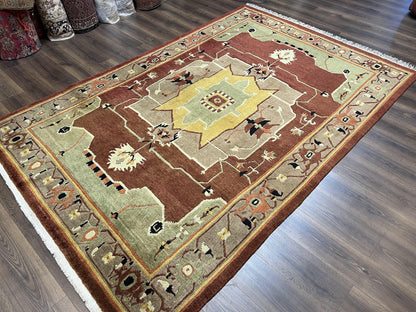 Tibetan Rug 7x10, Geometric Medallion, Red Green Taupe, Hand Knotted, Soft Wool Area Rug, Contemporary Carpet, Handmade Nepali Rug 7 x 10 ft