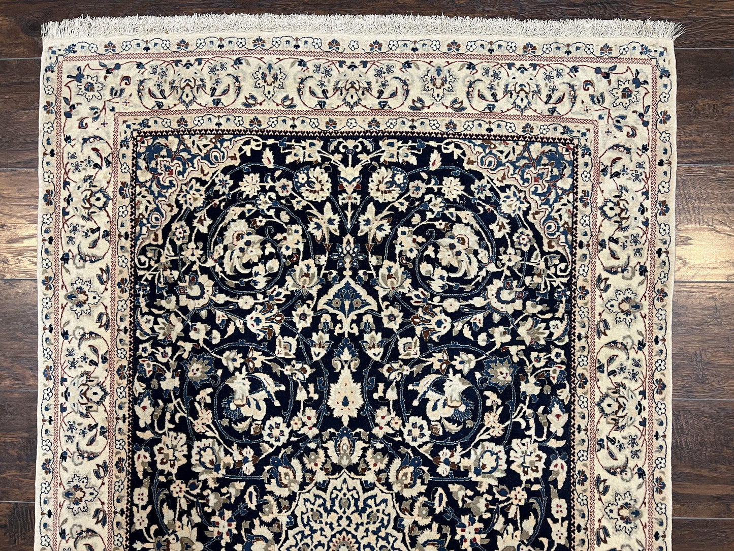 Very Fine Persian Nain Rug 3.7 x 6, Floral Medallion, Wool and Silk Accents, Highly Detailed, Hand Knotted Oriental Carpet, Navy Blue Ivory/Cream