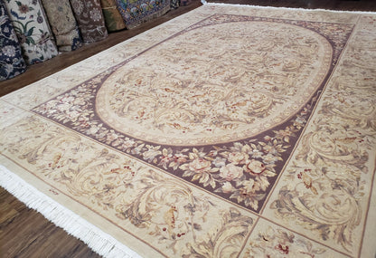 Chinese Aubusson Savonnerie Area Rug 8x12, Vintage 120 Line Carpet, Wool and Silk Hand-Knotted, Birds Flowers Master Weaver Signature