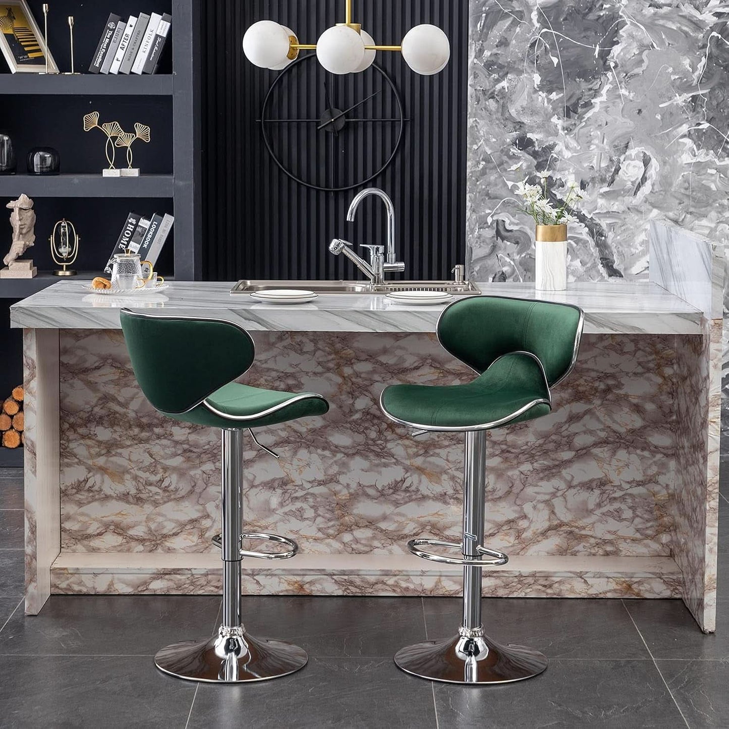 Green Velvet Upholstered Adjustable Swivel Bar Stools Set 2
