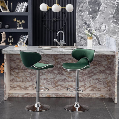 Green Velvet Upholstered Adjustable Swivel Bar Stools Set 2
