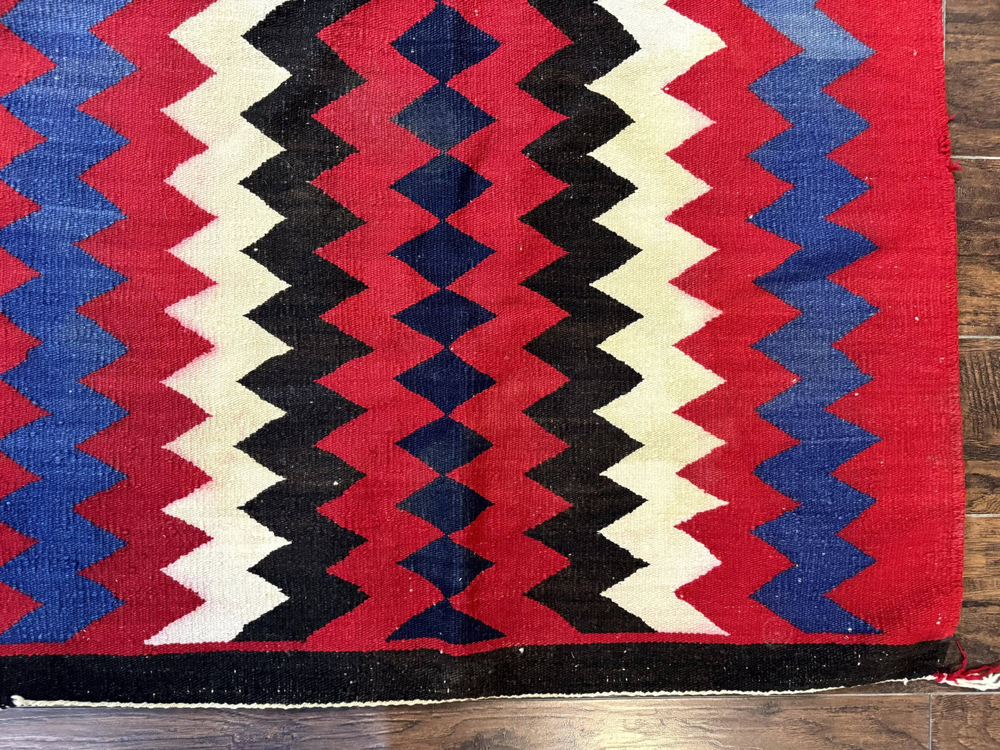 Antique Navajo Rug 3.7 x 2.8, Red Ivory Blue, Zig Zag Pattern, Handmade, Wool