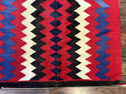 Antique Navajo Rug 3.7 x 2.8, Red Ivory Blue, Zig Zag Pattern, Handmade, Wool