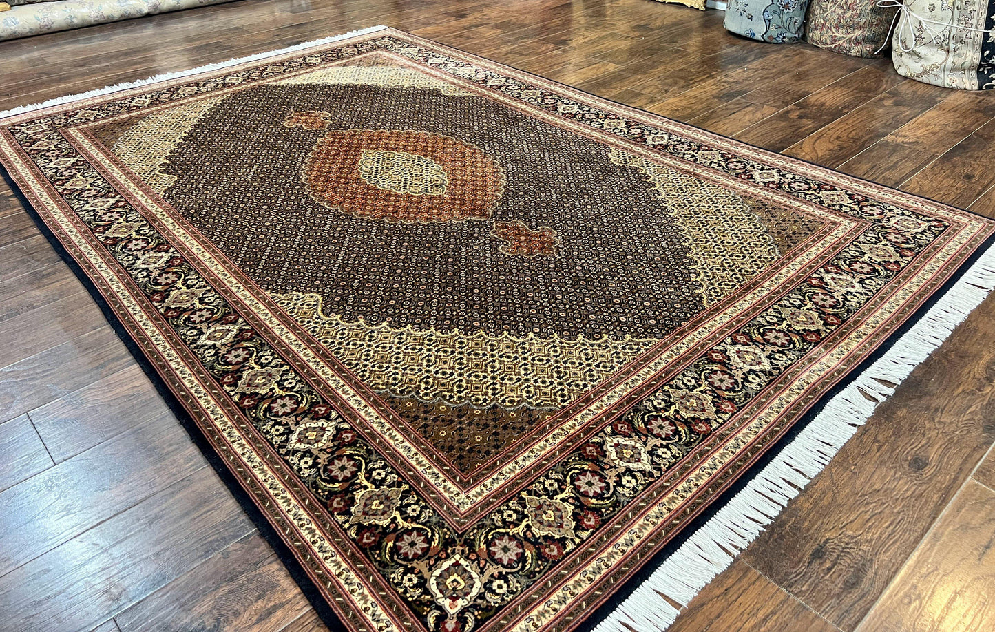 Persian Tabriz Rug 7x10, Very Fine 330 KPSI 50 Raj, Black and Beige, Handmade Wool Vintage Persian Carpet