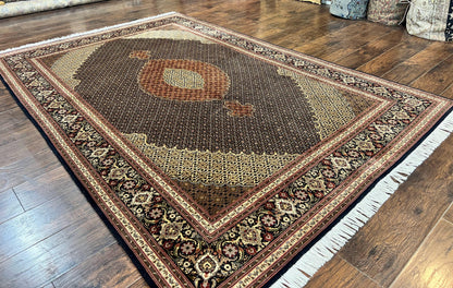 Persian Tabriz Rug 7x10, Very Fine 330 KPSI 50 Raj, Black and Beige, Handmade Wool Vintage Persian Carpet