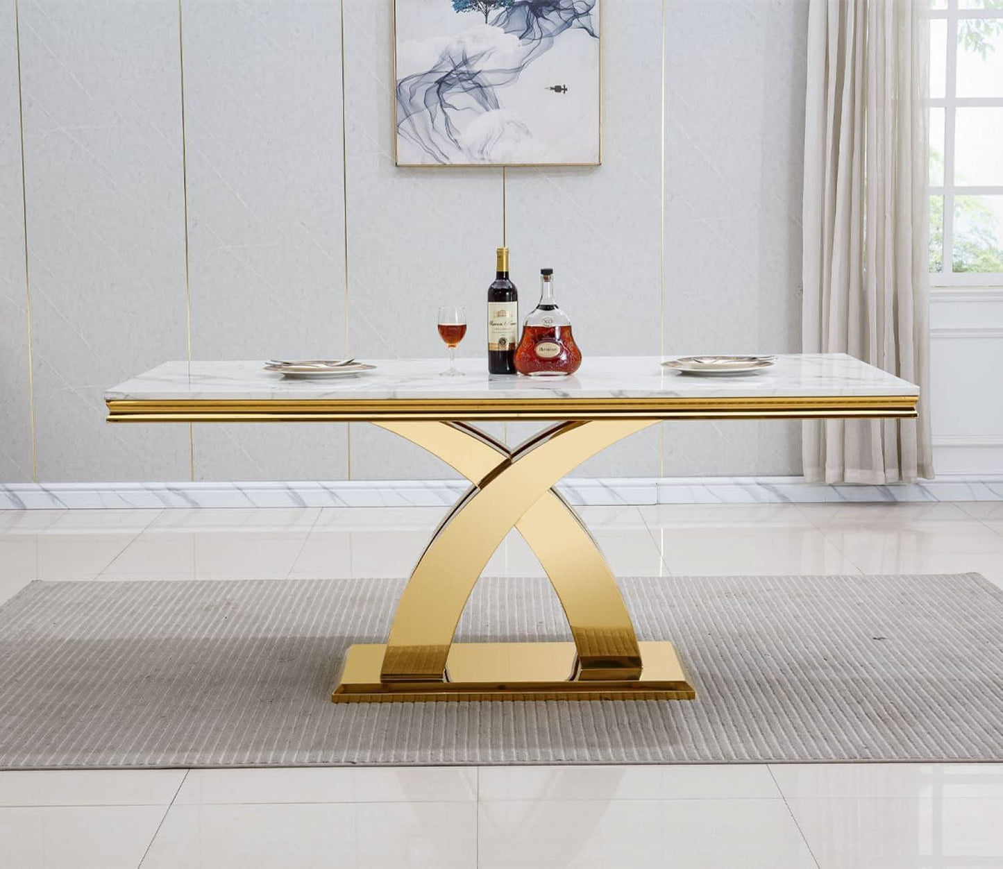 Faux Marble Dining Table 70 Inch With X Pedestal Base