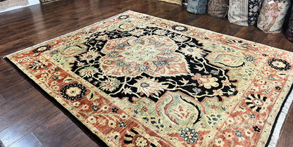 Pak Persian Rug 8x10, Pakistani Mahal Sultanabad Carpet, Signature from Master Weaver, Shiny Wool, Black Red Vintage Handmade Medallion Rug