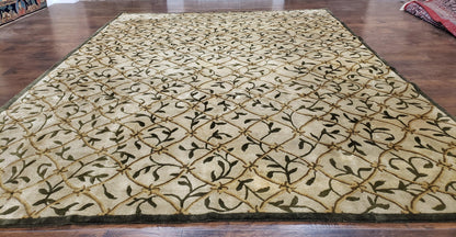 Vintage Tibetan Nepalese Area Rug 9x12, Wool Hand-Knotted, Beige Nepali Soft Pile Carpet, 9 x 12 Living Room Modern Dining Room Rug