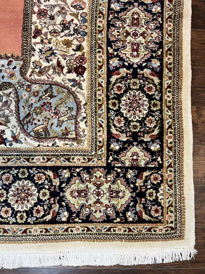Persian Tabriz Rug 10x13, Wool Hand Knotted Vintage Carpet, Salmon Red & Ivory, Semi Open Field, Birds & Animal Motifs, Large Rug