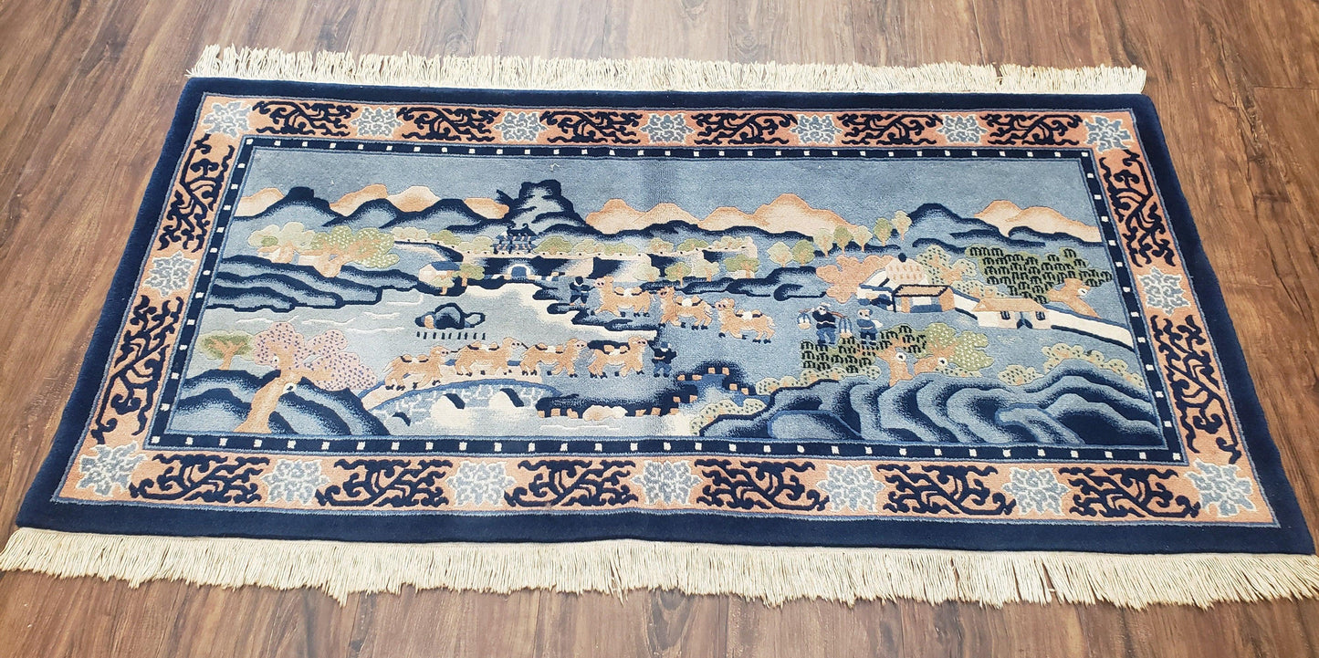 Vintage Chinese Pictorial Rug 2'4" x 4' 7", Chinese Village, Wool Hand-Knotted Blue & Teal Fine Carpet, Tapestry Rug, Woven Wall Art