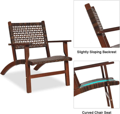 3 Piece Patio Conversation Set With Solid Eucalyptus Wood Frame And Brown Rattan Wicker