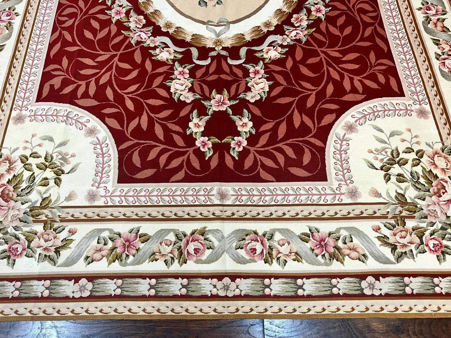 Wonderful Aubusson Rug 9x12, Handmade Vintage Needlepoint Carpet, Red and Ivory, Elegant European Design, Wool