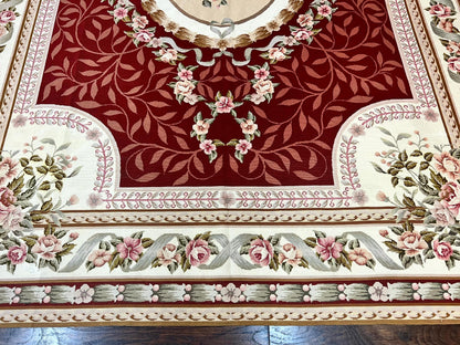 Wonderful Aubusson Rug 9x12, Handmade Vintage Needlepoint Carpet, Red and Ivory, Elegant European Design, Wool