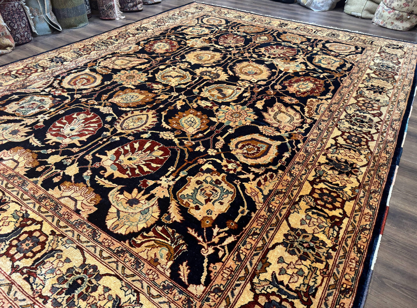Pak Persian Bidjar Rug 10x13, Midnight Blue and Tan Pakistani Carpet